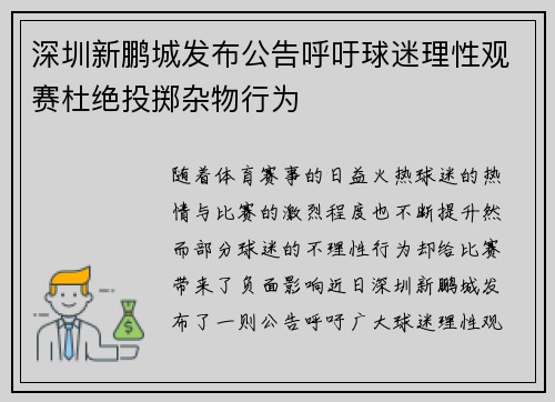 深圳新鹏城发布公告呼吁球迷理性观赛杜绝投掷杂物行为
